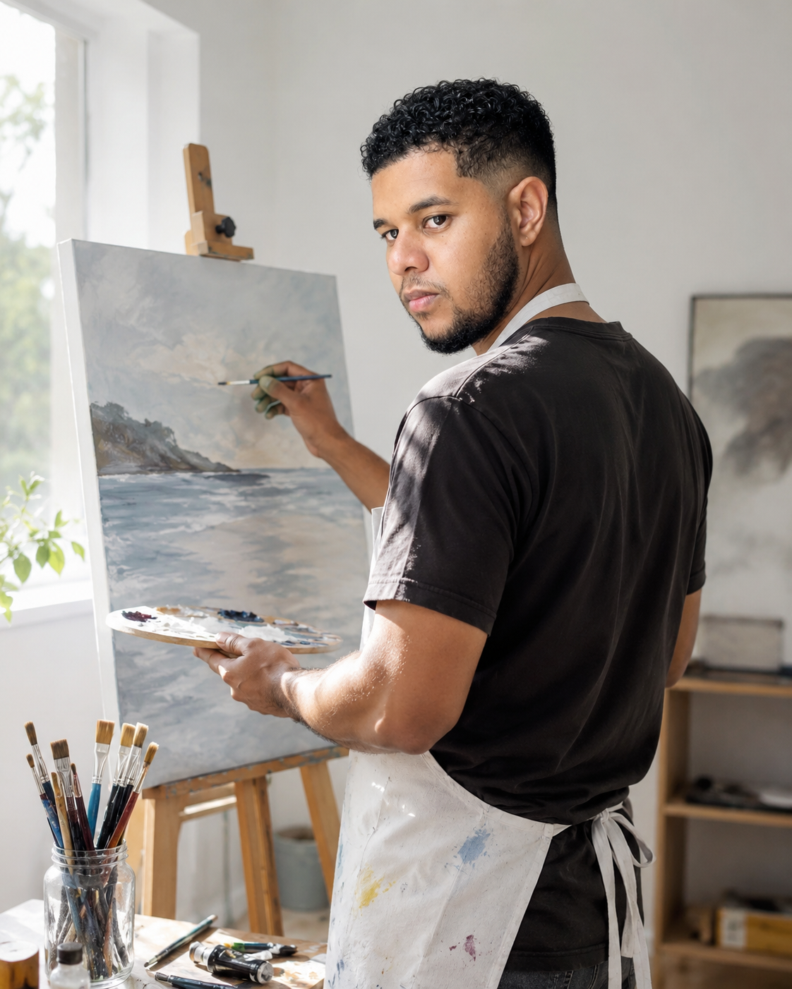 Bruno Melício working at an easel in a bright creative studio