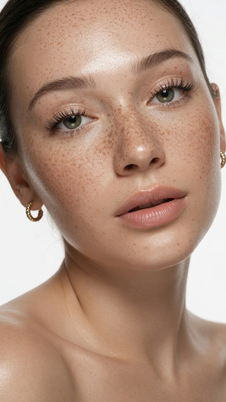 Close beauty portrait with natural freckles