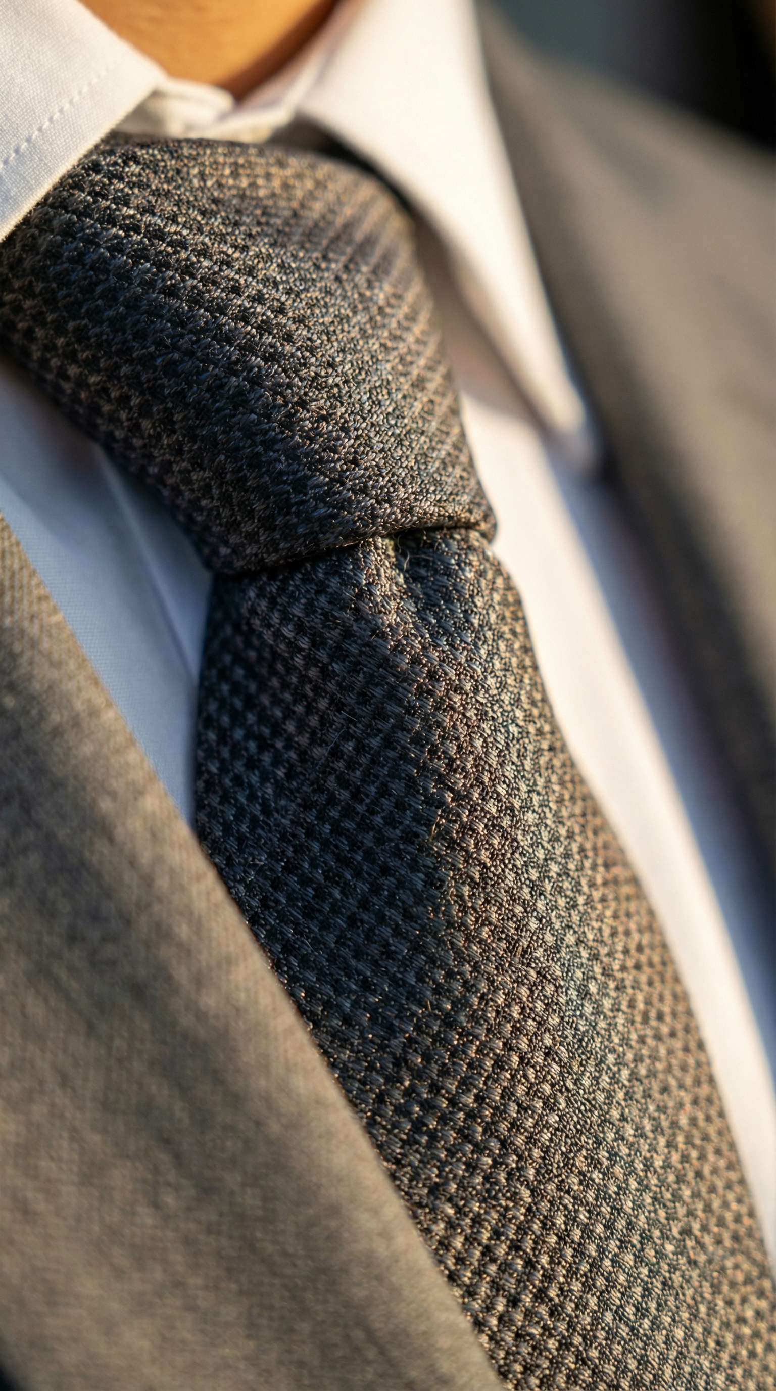Macro photograph of a black tie and suit