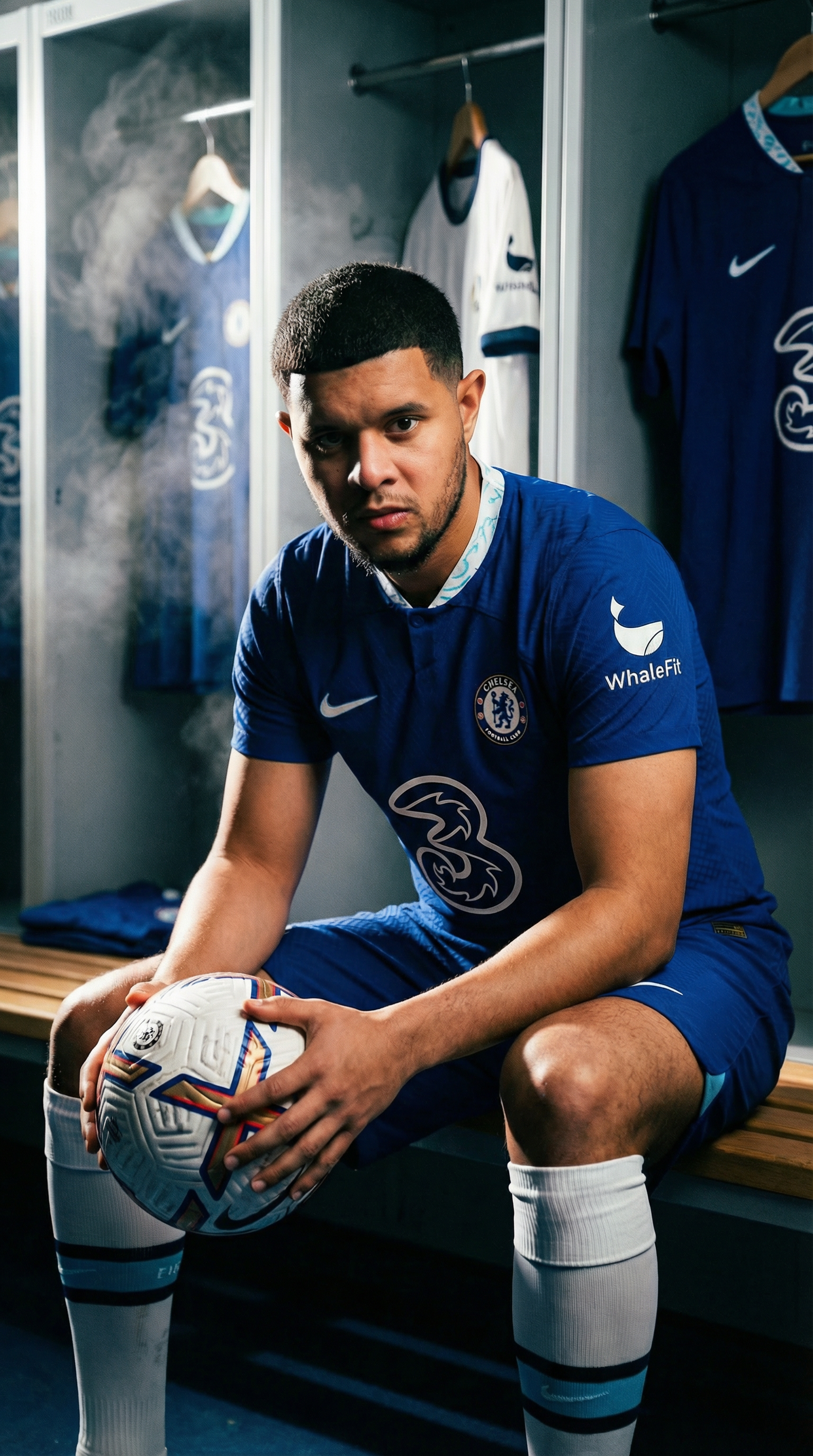 Footballer in a blue locker room