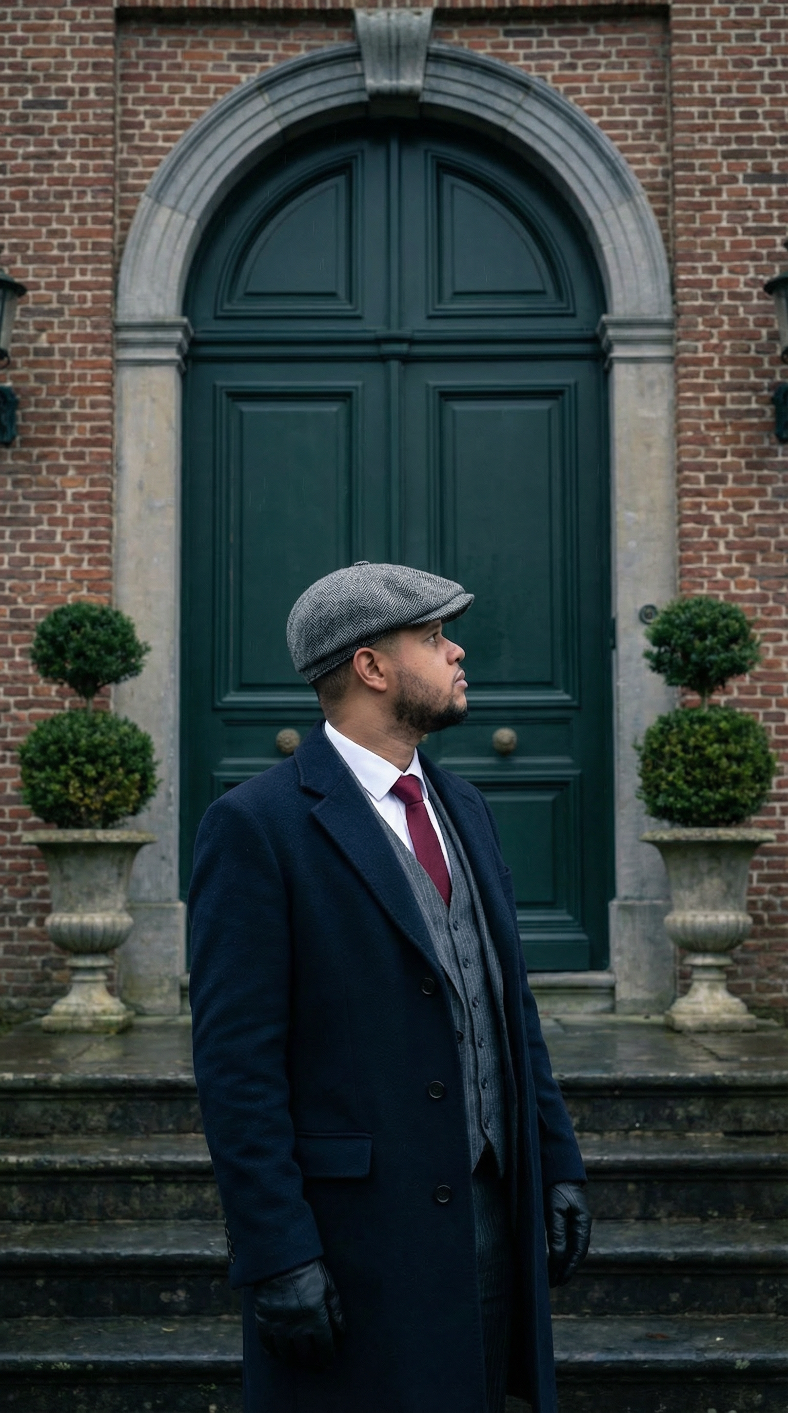 Cinematic character portrait outside a manor