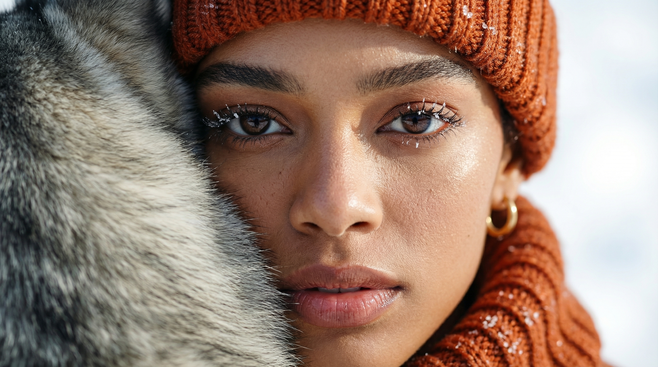 Close editorial crop of a model and husky