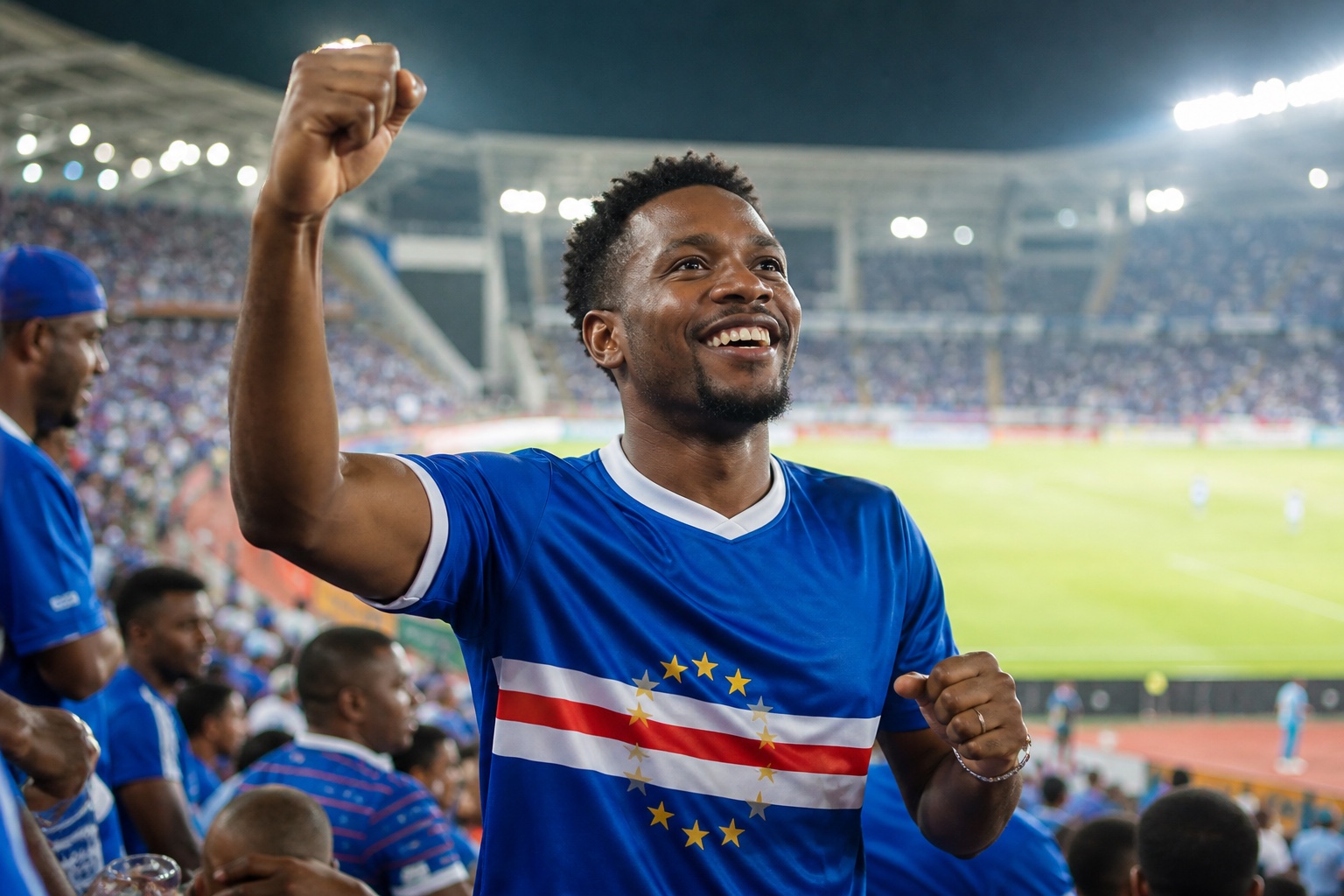 Cape Verde supporter celebrating in a stadium